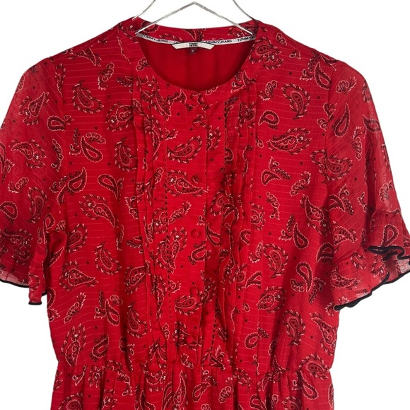 TOMMYJEANS HILFIGER Red Bandana Sheer Lightweight Short Sleeve Dress Size Small - Picture 3 of 13